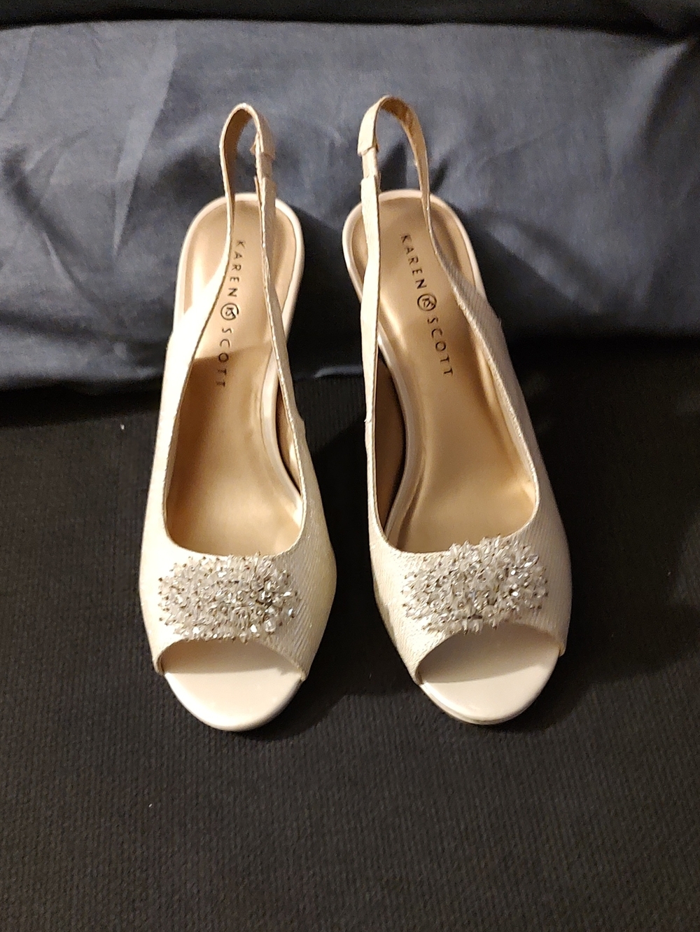 Karen Scott Champagne Beaded Peep-Toe Slingback Heels